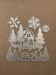 Winter Snow House Scene With Deer Trees Snowflakes Metal Cutting Die 5 Pcs #3013