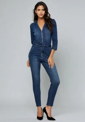 Bebe Jumpsuit Blue Denim Tie Waist Front Racer Zip Up Lg Sleeve Sleek NWT Sz 26