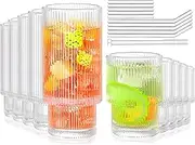 Drinking Glasses Set of 10-5 Highball Glasses & 5 Small Water Glasses, Old-fashioned Ribbed Glassware for Juice, Iced Coffee, Whiskey, House Warming Cute Gifts with Straws & Cleaning Brush