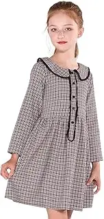 [SOLOCOTE] Girls Plaid Dress Cotton Casual Spring Long Sleeve Dresses Peter Pan Collar 3-14Y