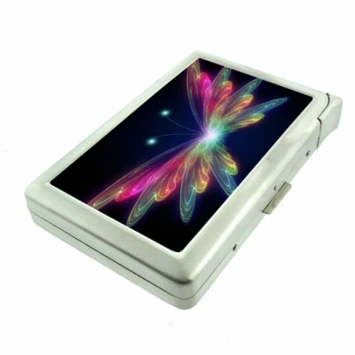 Rainbow Butterfly Em2 100's Size Cigarette Case with Built in Lighter Wallet