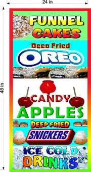 2' X 4' BANNER FUNNEL CAKES FRIED OREOS CANDY APPLES FRIED SNICKERS DRINKS