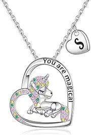 [CIVOKINA] Unicorns Gifts for Girls Necklaces, White Gold Plated Colorful CZ Unicorn Necklace for Girls Heart Unicorn Necklace for Girls Letter Initial Necklaces for Girls Kids Unicorn Gifts for Girls Jewelry