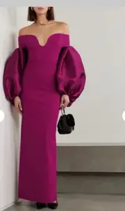 Solace Mora Gown Dark Pink Off Shoulder Crepe And Satin Puff Sleeve US 10 UK 14