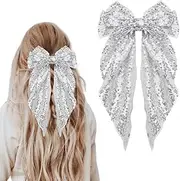 Silver Sequin Bow Hair Ribbon Clips for Women Big Glittering Bows Bow-Knot Hair Barrettes Hairpins Disco Sparkling Hair Bow Clips Headwear for Party Ball Bow Hair Accessories