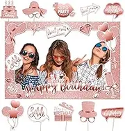 Happy Birthday Photo Booth Props Rose Gold Birthday Party Photobooth Selfie Frame & Props for Birthday Party Decorations Supplies Favors