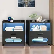 [ADVWIN] Bedside Table Set of 2, Nightstand with 2 Drawers and RGB LED Light, Side Table with Wireless Charging Station and USB Port,Black