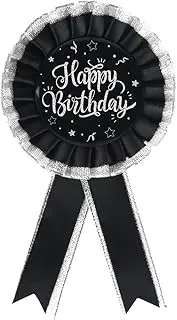 [INNORU] Happy Birthday Tinplate Badge Pin, Boy or Girl Birthday Rosette Button Pins, Happy Birthday Party Accessory Brooch Pin, Children Adults Party Decorations Black & Silver, Pack of 1, Stainless