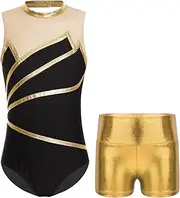 [Loodgao] Gymnastics Leotard for Girls 2Pcs Athletic Dance Outfits Mesh Unitard with Metallic Shorts for Stage Performance