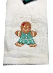 Gingerbread Girl Boy Christmas Fingertip Towels Set of 2 Embroidered White