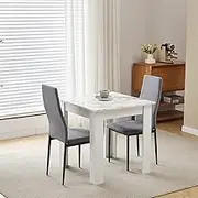 Modern White Marble Dining Table Set with Grey Linen Chairs Small Space 3pcs Kitchen Wood Square Table and 2 Seater Chairs
