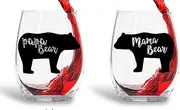 Mama Bear, Papa Bear - 15oz Crystal Wine Glasses - Couples Stemless Wine Glasses - His and Hers Gifts Ideas for Anniversary, Weddings, Bridal Showers