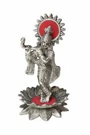 Lord Krishna Idol with Flute Showpiece for Home Decor (6 inch, Silver)