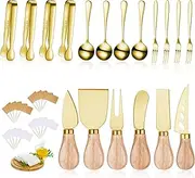 PEKGLOW 38 Pcs Charcuterie Board Accessories Butter Spreader Spreader Knife Gift Stainless Steel Cheese Butter Spreader Knives Forks, Charcuterie Utensils with Wooden Handles Mini Serving Tongs Spoons