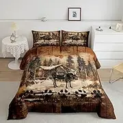 Feelyou Deer Hunting Comforter Set Wildlife Animal Deer King Size Bedding Set for Kids Boys Girls Rustic Canbin Brown Duvet Quilt Breathable Soft Microfiber