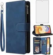 [Asuwish] Compatible with Samsung Galaxy A04 Wallet Case Tempered Glass Screen Protector and Leather Flip Cover Card Holder Stand Cell Accessories Magnetic Phone Cases for Ao4 A 04 4G Women Men Blue