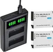 2 Packs EN-EL12 Batteries Dual Charger with Type C Port for Nikon COOLPIX S630,Coolpix S610 S640,Coolpix S710,COOLPIX S1000pj,COOLPIX S620,Coolpix S610C,S70 Camera