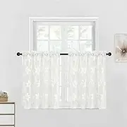 DWCN Ivory White Floral Lace Short Curtains - Rod Pocket Window Voile Sheer Drapes for Kitchen Living Room Bathroom Small Window 42 x 36 inch, 2 Panels, Lace White