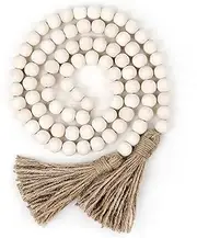 58in Wood Bead Garland with Tassels, Farmhouse Rustic Country Decor Prayer Boho Wall Hanging Decoration (Nature)