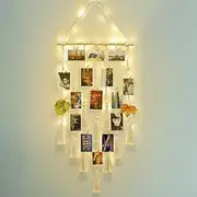 Hanging Photo Display Wall Decor, Macrame Wall Hanging Picture Organizer Boho Home Decor with LED String Light and 20 Wood Clips for Photo Collage Frame