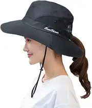[HSELL] Womens UV Protection Wide Brim Sun Hats - Cooling Mesh Ponytail Hole Cap Foldable Travel Outdoor Fishing Hat