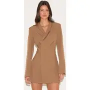 Mushroom Woven Collarless Blazer Dress, Mushroom