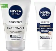 [NIVEA] MEN Sensitive Skin Care Value Pack (2 Piece) | Includes: Face Wash 100ml & Face and Stubble Gel Moisturiser 50ml | Skincare Routine for Men | Calms Sensitive Skin With Chamomile & Vitamin E