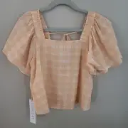 Lumiere Spring Top Small Orange and White Square Neck Keyhole open back NWT