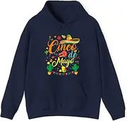 [Generic] Cinco de Mayo Fiesta Design Colorful Mexican Party Elements Sombrero Guitar Tacos Cactus Hoodie for Adults Hooded Neck Long Sleeve Pullover