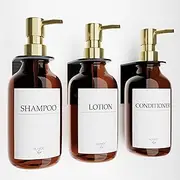 Shampoo Dispenser for Shower Wall, Shampoo and Conditioner Dispenser with 16 Waterproof Labels, No Drill Shower Soap Dispenser Bathroom, Shower Soap Dispenser Wall Mounted,17oz, 3 Pack, Gold Amber