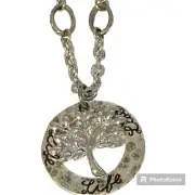 Tree of Life Pendant Necklace 18-21" Chain Message LIFE Silver Tone Serenity