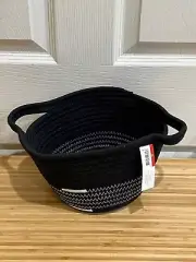 Brand New Black Rope Basket with White Accents and Handles Woven Round 6"T x 9"D