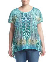 ONE WORLD GREEN BLUE PRINTED EMBELLISHED W/ LACE SHARKBITE HEM TOP PLUS Sz 1X