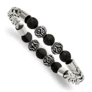 Chisel Stnls Steel Antiqued and 8mm Lava Stone BeadedStretch Bracelet - 6.75"