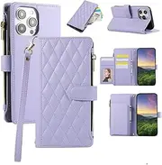 Boyobacase for iPhone 13 Pro Max Wallet Case,for iPhone 13 Pro Max Case, PU Leather Wallet Flip Cover Stand Feature[6 Card Slots] [1 Cash Pocket] [1 Zipper Coin Pocket] with Wrist Strap-Purple