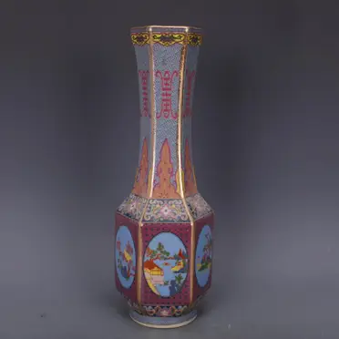 清乾隆爬花描金琺瑯彩花鳥六方瓶仿古瓷器家居中式擺件古董古玩1入| 銀