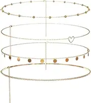 [Xuigort] 4pcs Gold Sequins Layered Waist Chains, Beach Sexy Bikini Boho Harness Belly Waist Chain, Adjustable Body Body Chain for Women and Girls Decoration, Medium, Iron Copper, No Gemstone