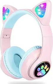 Kids Headphones, Cat Ear LED Light Up Foldable Kids Bluetooth Headphones,HD Stereo Sound Childrens Headphones Built in Microphone for PC/Phone/iPad/Study/Travel (Pink)