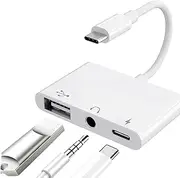 USB C to USB Adapter for MacBook, 3-in-1 USB C to USB-A OTG Splitter with 3.5mm Audio Jack and PD Fast Charging Port Compatible with iPhone 15, iPad Pro, Samsung Galaxy S23