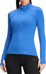 [QUEENIEKE] Women's Zip Up Workout Jackets - Slim Fit Cottony Soft Athletic Running Jacket Yoga Gym Tops with Thumb Holes, Electric Blue Lemonade, L
