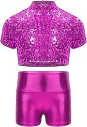 [FEESHOW] Girls 2 Piece Dance Outfit Shiny Metallic Crop Tops with Sequins + Shorts Set Athletic Dancewear