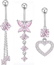 [Gojewen] 3pcs Belly Button Bars Silver Gold Heart Butterfly Dangle Navel Rings 10mm Surgical Steel Piercing Jewellery