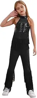 [FEESHOW] Girls Sequin Dance Jumpsuit with Fringes Halterneck Bodysuit Sparkly Gymnastics Leotard Dancewear Disco Costume