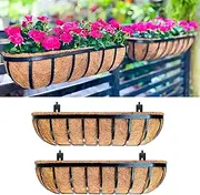 LaLaGreen Railing Planters Box (2 Pack, 30") Black Metal Large Rectangular Window Flower Box with Coco Liner, Wall Hanging Planter for Outdoor Plants Deck Rail Horse Troughs Fence Balcony Porch Garden