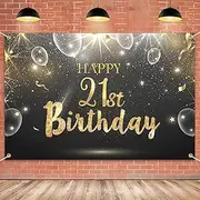 HAMIGAR 6x4ft Happy 21st Birthday Banner Backdrop - 21 Years Old Birthday Decorations Party Supplies for Women Men - Black Gold