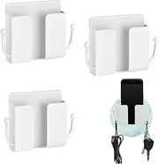 Wall Mount Phone Holder, Wall Mounted Shower Phone Holder for Bed, Self Adhesive Media Organizer Brackets, Phone Stand Remote Control Holder with Hooks (3 Pcs)