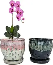 Beitewei 2PCS Small Ceramic Orchid Planter Pots with Holes 4.33inch Ceramic Planters for Orchid Repotting(Black&White)