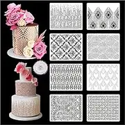 DI QIU REN 8PCS Cake Decorating Stencils & Templates, 8x9.8Inches Large Floral Printing Fine Hollow Lace Cookie Fondant Dessert Templates, Side Baking Mesh Stencil Tool for Decor