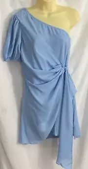 women's Kirundo one shoulder light blue dress size small puff sleeve fitted wais