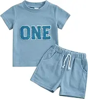 [Lamuusaa] Toddler Baby Boy Birthday Outfit One/Two Letter Embroidery T-shirt Jogger Shorts Waffle Summer Clothes